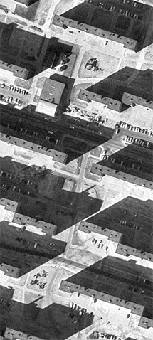 Detail from an aerial photograph of the Pruitt Igoe complex, c. 1968